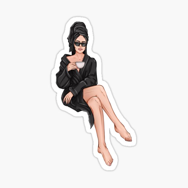 Item preview, Relaxing woman with a cup of tea and sitting in black spa robe designed and sold by ArctiumStudio.