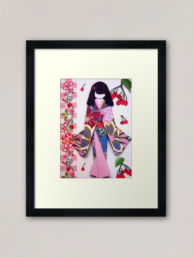 Beautiful Japanese paper doll in kimono Framed Art Print for Sale