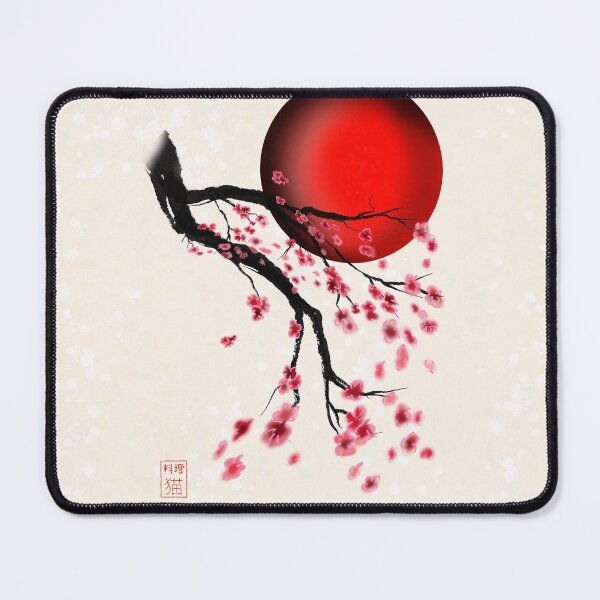Item preview, Sumi-e hanami time sakura cherry blossoms with a red rising sun designed and sold by CuisineCat.