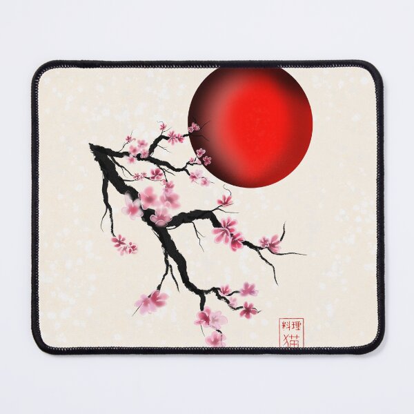 Item preview, Sumi-e watercolor sakura  cherry blossoms with a red rising sun designed and sold by CuisineCat.