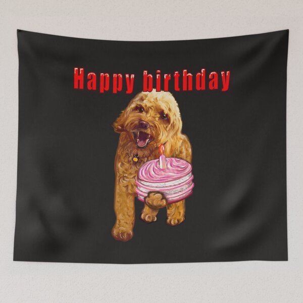 Item preview, Happy birthday greetings - Cavapoo puppy dog With birthday cake and cavalie King Charles spaniel cavapoo designed and sold by Artonmytee.