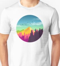 Colorful Nature Landscape : Mountain and Forest Scene with Happy Birds Slim Fit T-Shirt