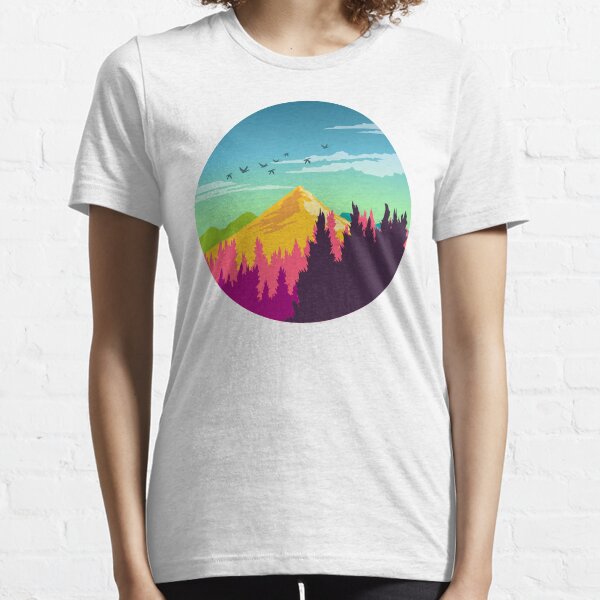 Colorful Nature Landscape : Mountain and Forest Scene with Happy Birds Essential T-Shirt