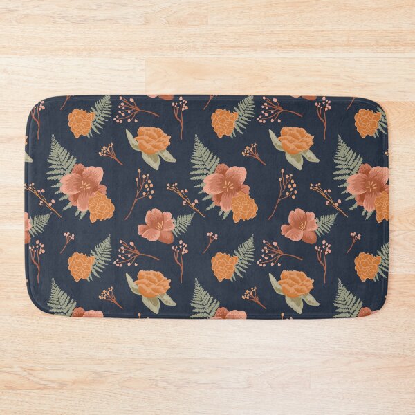 Item preview, Dark blue with orange flowers and pastel green ferns pattern designed and sold by simonaburlacu.