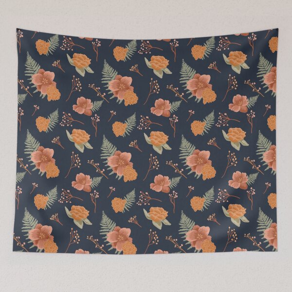 Item preview, Dark blue with orange flowers and pastel green ferns pattern designed and sold by simonaburlacu.