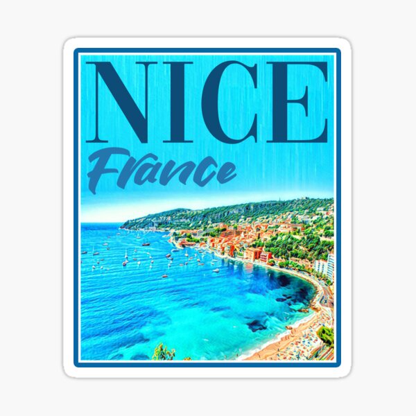 Nice, France, Postcard, Cote D'Azure, French, Riviera, Nice Beach, Boats, Sky, Sea, People, Town, Holiday, Retro, Classic, Vintage, Souvenir, Travel, Memory, Old, Old School Sticker
