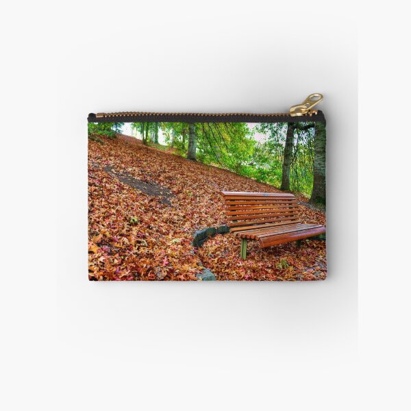 Item preview, A bench surrounded by leaves at Mt Lofty Botanic Gardens designed and sold by Elana Bailey.