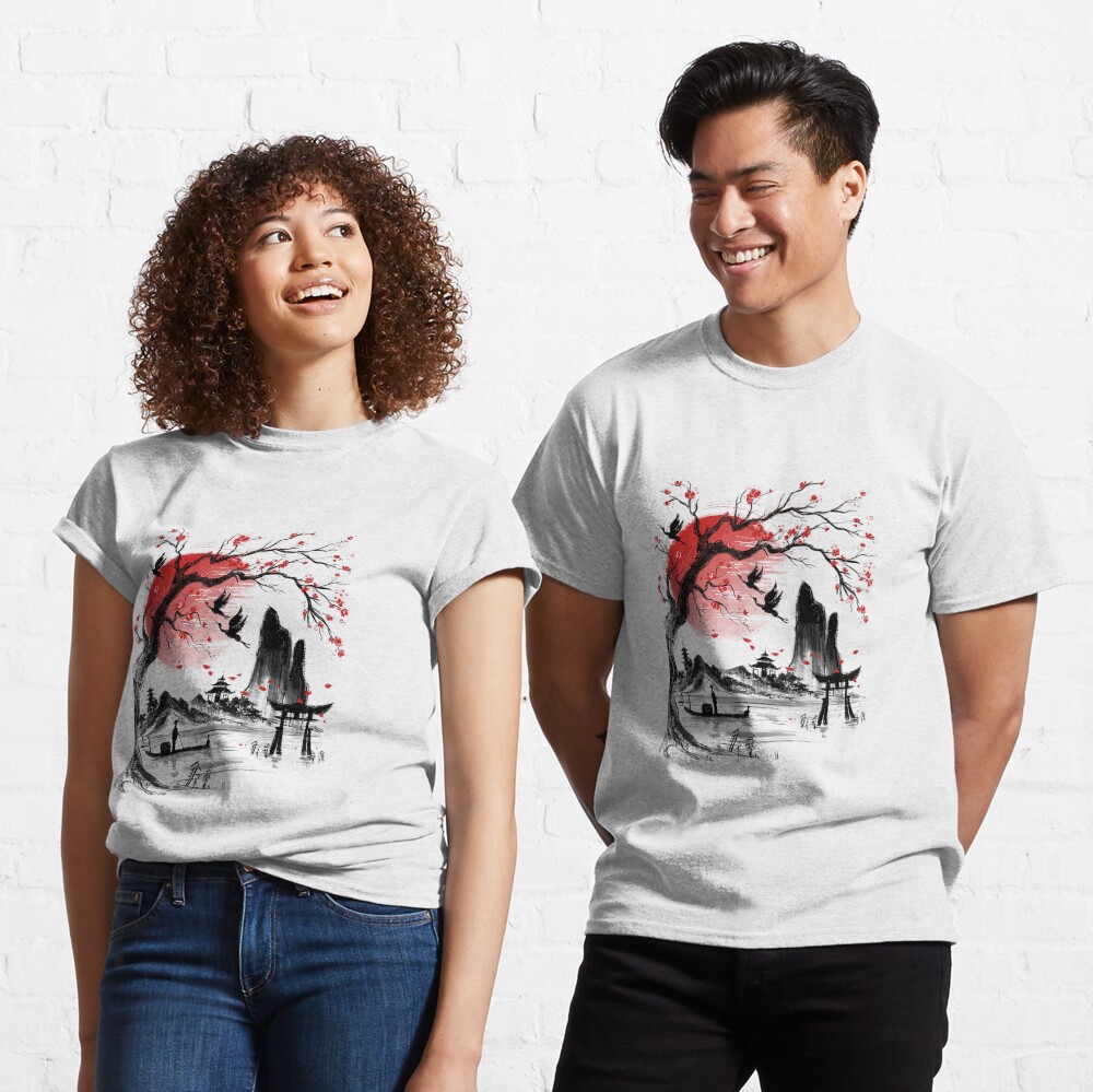  Japanese Tree Red Moon With Birds Flying in background T-Shirt  : Clothing, Shoes & Jewelry