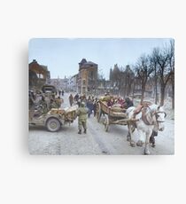 Refugees evacuating the Belgian town of Bastogne, 1944, colorized Canvas Print
