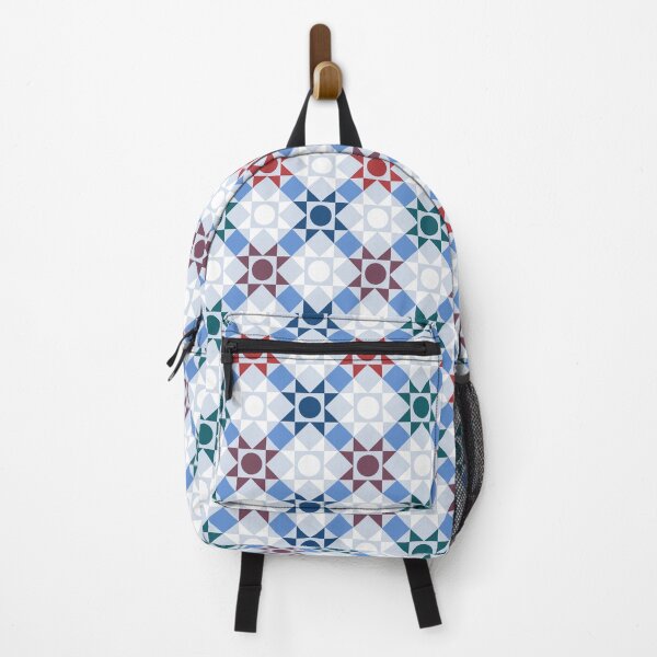 Item preview, Geometric pattern in the style of hugge in blue, gray and red colors. A patchwork quilt. designed and sold by NLobes.