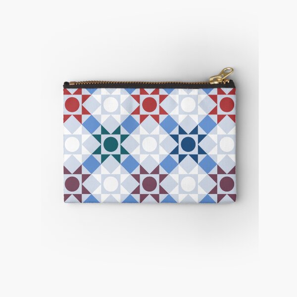 Item preview, Geometric pattern in the style of hugge in blue, gray and red colors. A patchwork quilt. designed and sold by NLobes.