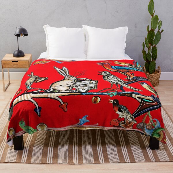 Item preview, WEIRD MEDIEVAL BESTIARY MORNING MUSIC CONCERT OF RABBITS AND BIRDS IN RED by Bulgan Lumini designed and sold by BulganLumini.