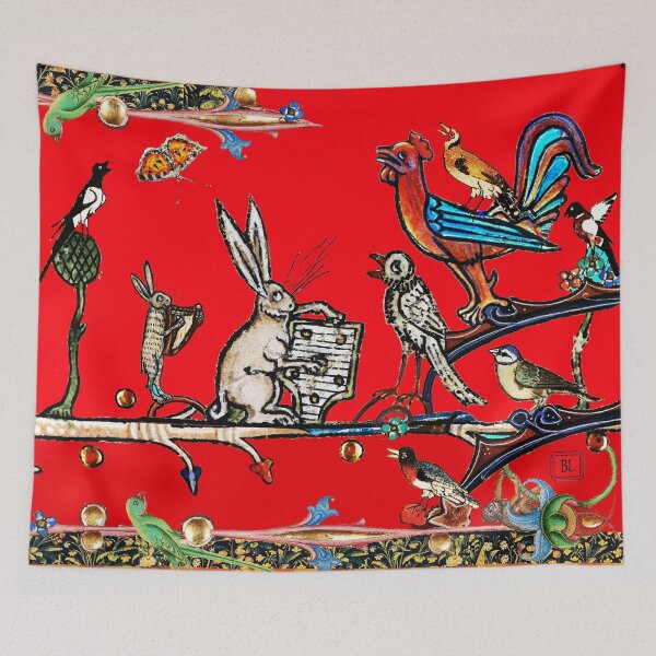 Item preview, WEIRD MEDIEVAL BESTIARY MORNING MUSIC CONCERT OF RABBITS AND BIRDS IN RED by Bulgan Lumini designed and sold by BulganLumini.