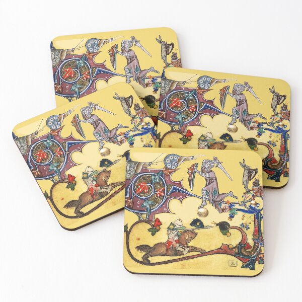 Item preview, WEIRD MEDIEVAL BESTIARY WARS, KNIGHTS HORSEBACK  COMBATTING WITH SNAILS  Antique Yellow designed and sold by BulganLumini.