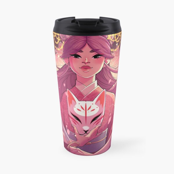 Beautiful Anime Girl Holding a Kitsune Mask and Samurai Sword Travel Mug