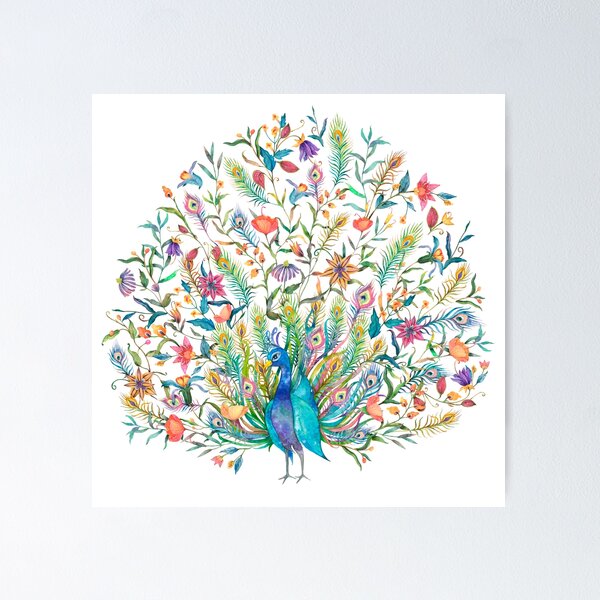 Item preview, watercolor Peacock surrounded by flowers feathers designed and sold by Red-ElYoubi.