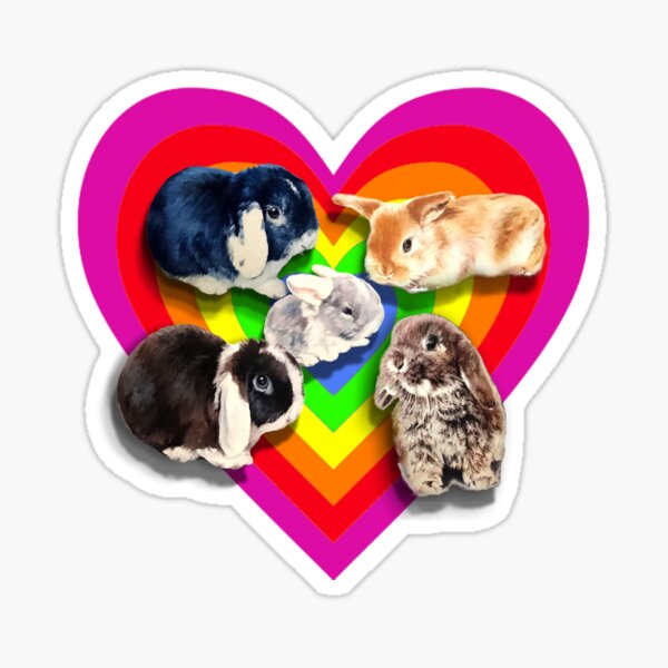 Collection of mini lop bunnies in a bright rainbow heart Sticker