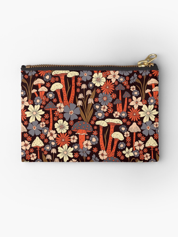 Thumbnail 1 of 4, Zipper Pouch, Blue & Orange Mushrooms & Flowers designed and sold by somecallmebeth.