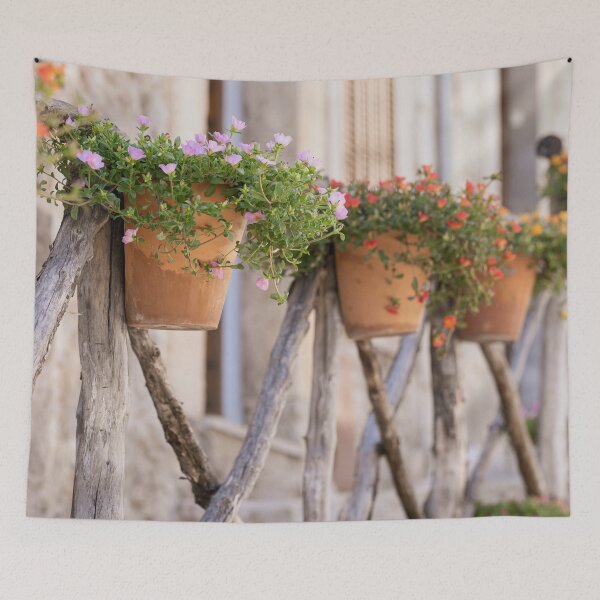 Item preview, Cute flowery pots on wooden fence designed and sold by mhailittlearts.