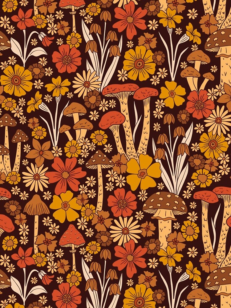 Retro 1970s Brown & Orange Mushrooms & Flowers by somecallmebeth