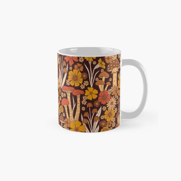 Retro 1970s Brown & Orange Mushrooms & Flowers Classic Mug