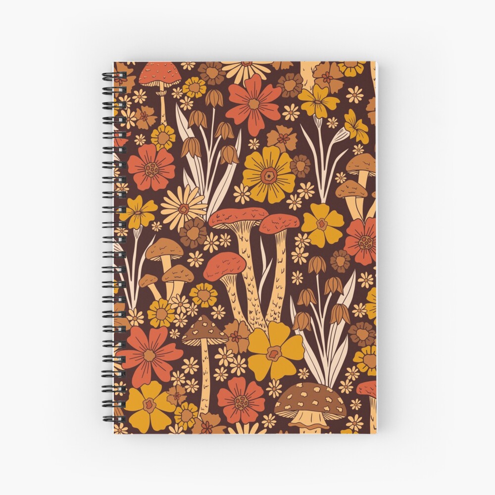 "Retro 1970s Brown & Orange Mushrooms & Flowers" Spiral Notebook for
