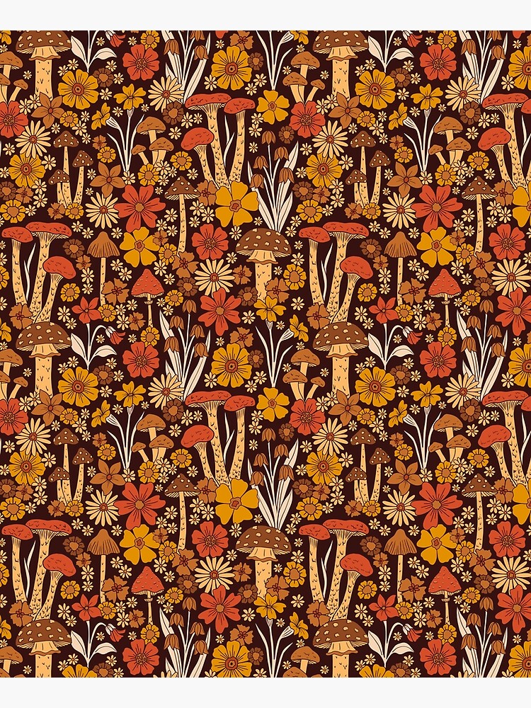 Retro 1970s Brown & Orange Mushrooms & Flowers by somecallmebeth