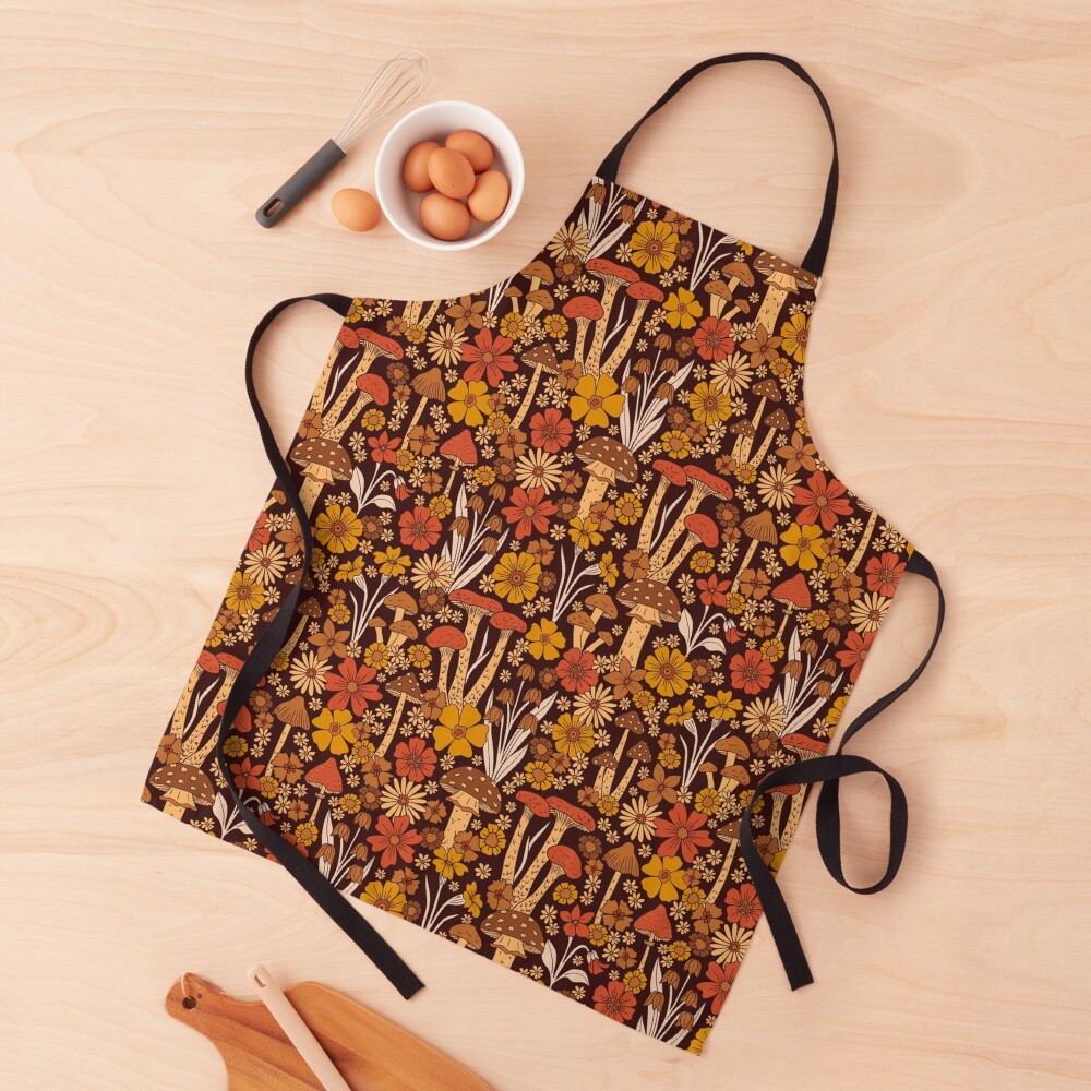 Retro 1970s Brown & Orange Mushrooms & Flowers Apron