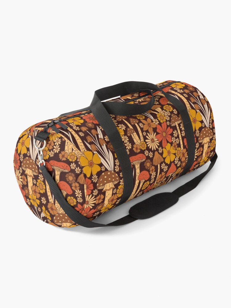 Duffle Bag, Retro 1970s Brown & Orange Mushrooms & Flowers designed and sold by somecallmebeth