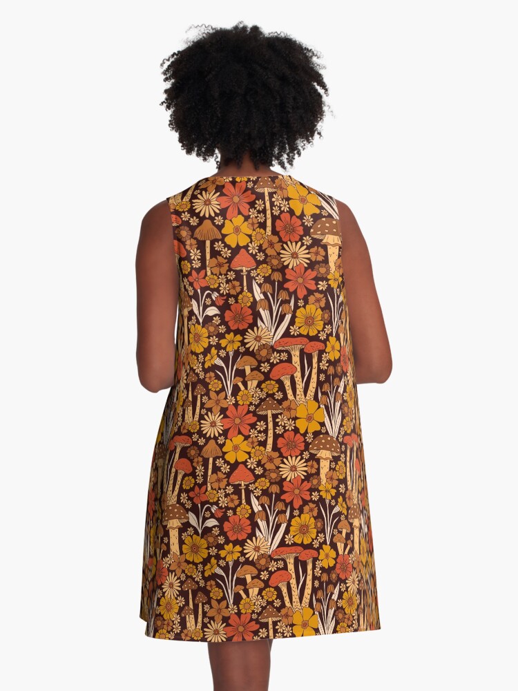 Thumbnail 3 of 4, A-Line Dress, Retro 1970s Brown & Orange Mushrooms & Flowers designed and sold by somecallmebeth.
