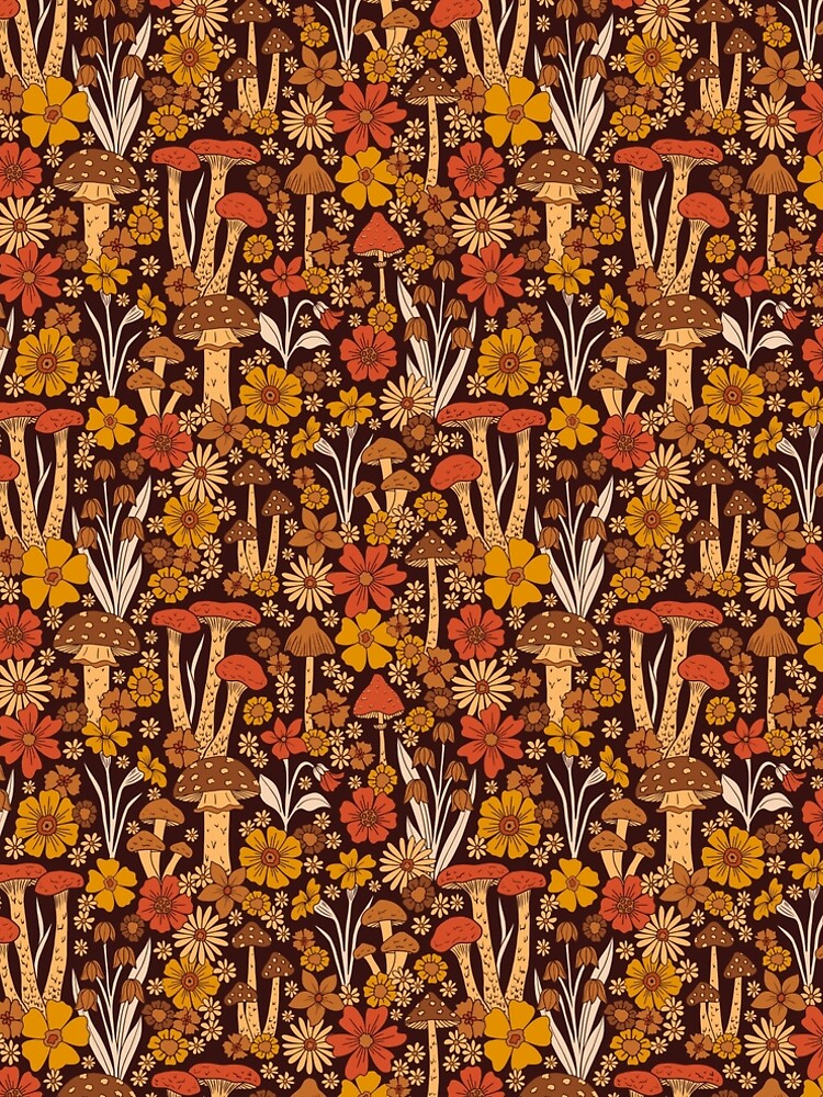 Thumbnail 4 of 4, A-Line Dress, Retro 1970s Brown & Orange Mushrooms & Flowers designed and sold by somecallmebeth.
