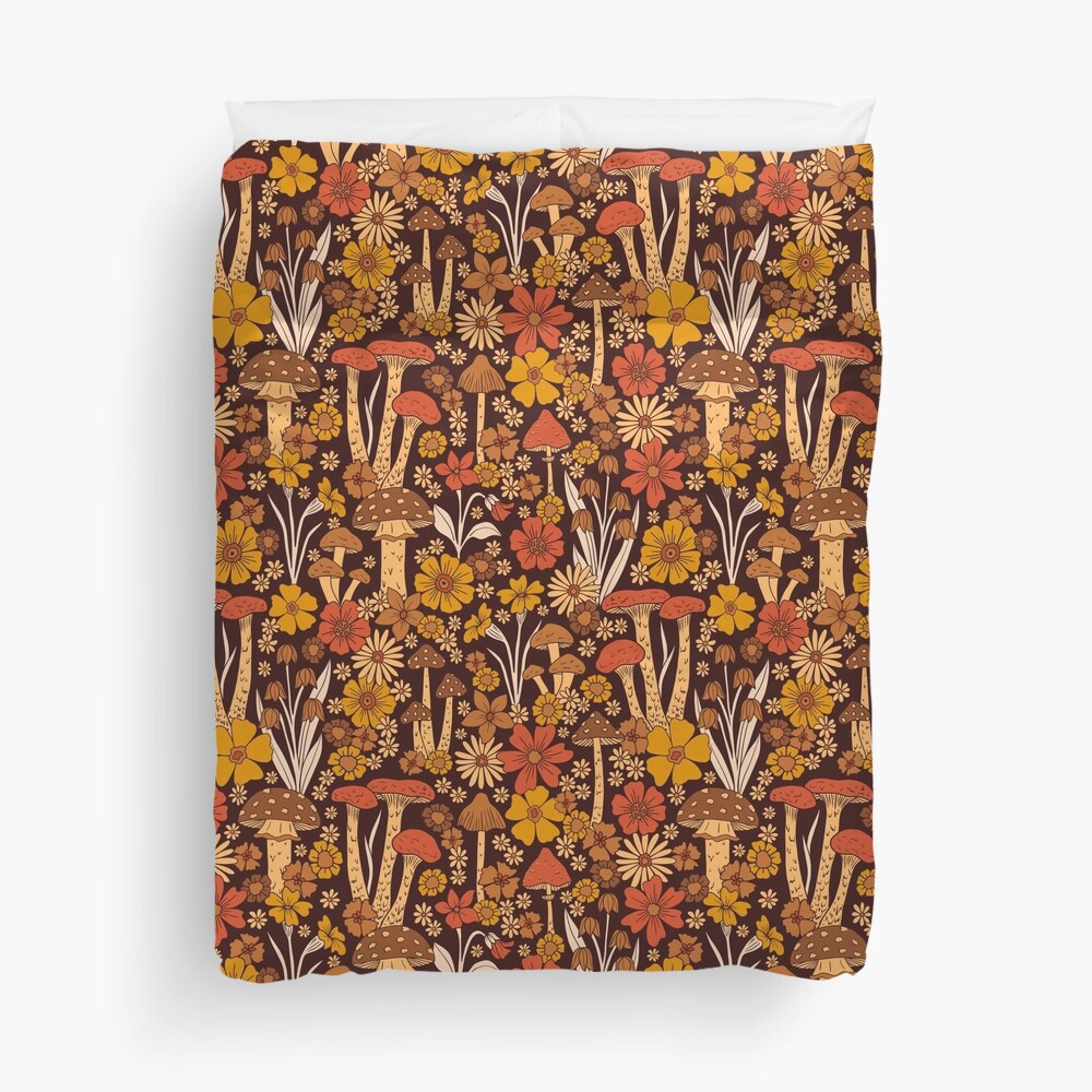 Retro 1970s Brown & Orange Mushrooms & Flowers Duvet Cover