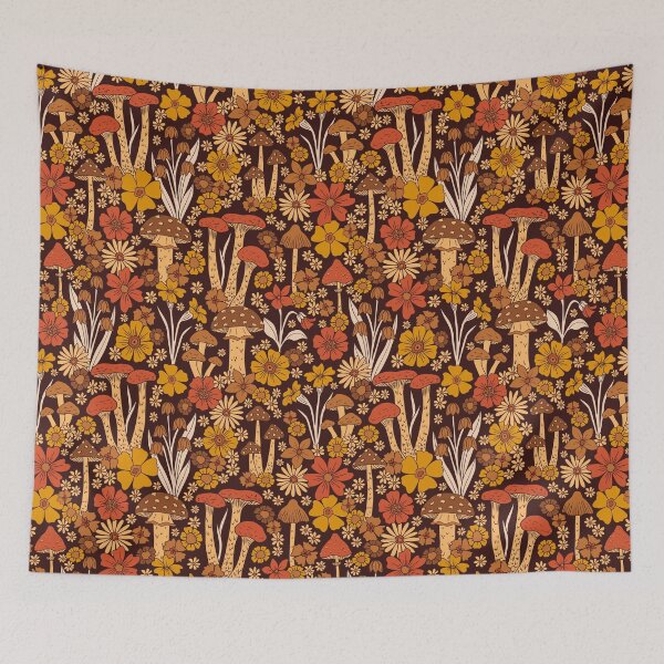 Item preview, Retro 1970s Brown & Orange Mushrooms & Flowers designed and sold by somecallmebeth.