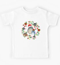 Christmas Totoro in Lighter Grey - Holiday, Xmas, Presents, Peppermint, Candy Cane, Mistletoe, Snowflake, Poinsettia, Anime, Catbus, Soot Sprite, Blue, White, Manga, Hayao Miyazaki, Studio Ghibl Kids Tee