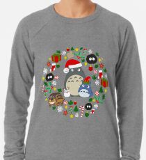 Weihnachten Totoro in Feuerzeug Grey - Urlaub, Weihnachten, Geschenke, Pfefferminze, Candy Cane, Mistel, Schneeflocke, Weihnachtsstern, Anime, Catbus, Ruß Sprite, blau, weiß, Manga, Hayao Miyazaki, Studio Ghibl Leichter Pullover