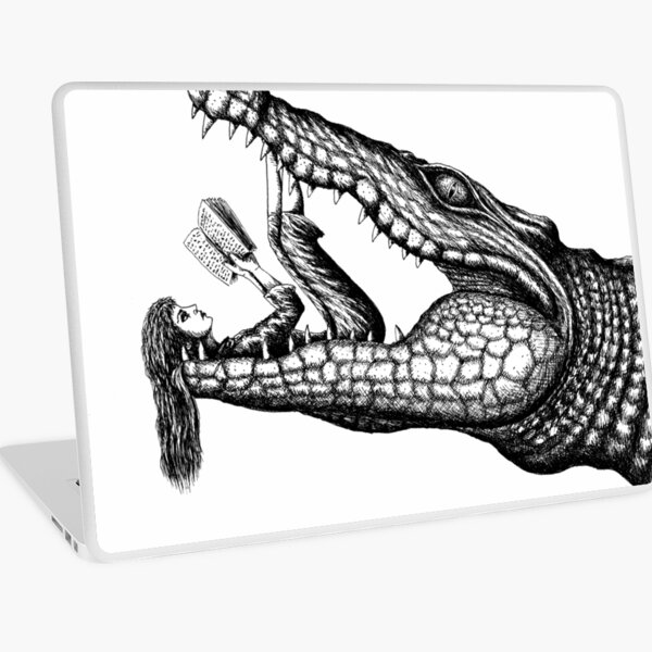 Crocodile Reading surreal pen ink black and white drawing Laptop Skin