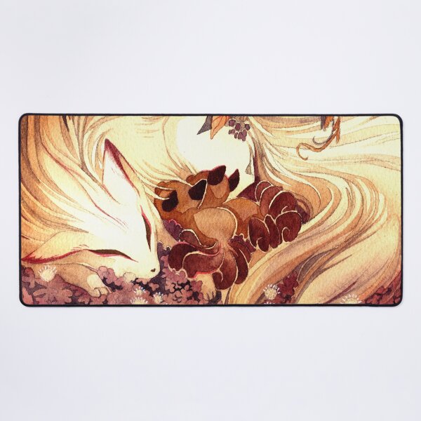 Ninetailed Kitsune Fox with Kits Desk Mat