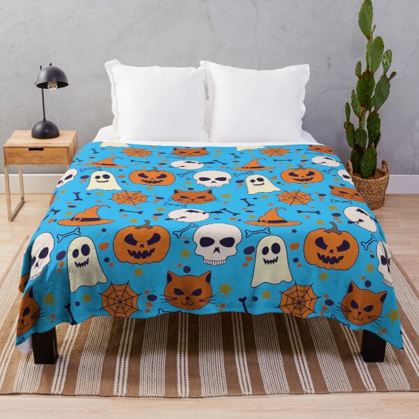 Item preview, Halloween Seamless Pattern with Pumpkin And cat on a blue background designed and sold by tshirtprod.