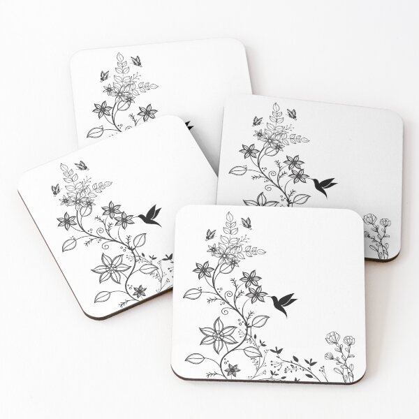 Item preview, Hummingbird and Flowers black and white design designed and sold by Tranquilliam.