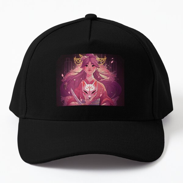 Beautiful Anime Girl Holding a Kitsune Mask and Samurai Sword Baseball Cap