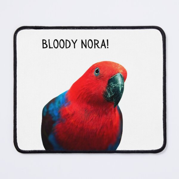 Item preview, Bloody Nora!, Red and blue Rosella parrot, close up. Photograph and black text. designed and sold by JellyBeenzz.