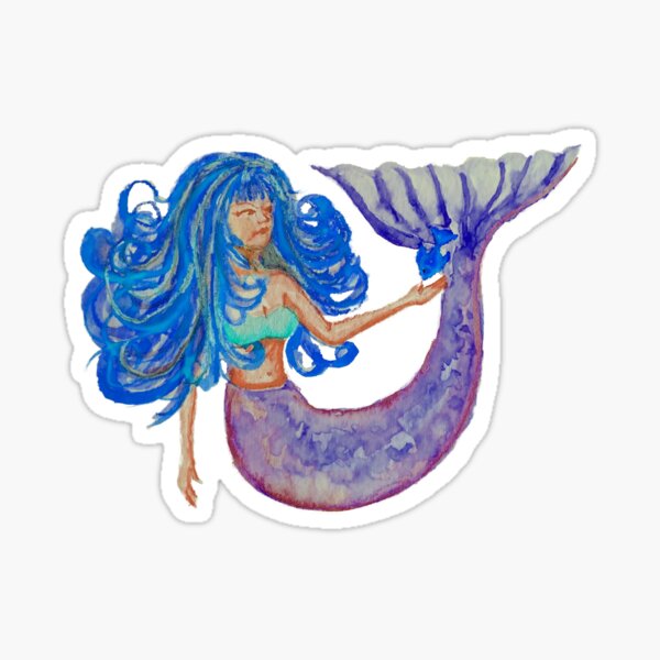 Mermaid with Blue Hair Watercolor Painting Sticker