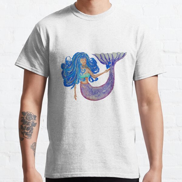 Mermaid with Blue Hair Watercolor Painting Classic T-Shirt