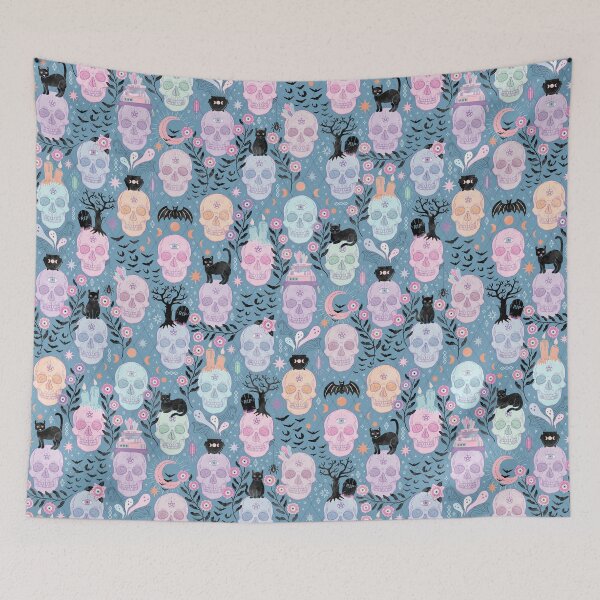 Item preview, Pastel candy skulls with cats, bats, and witchy things - halloween, dusty blue designed and sold by misentangled.