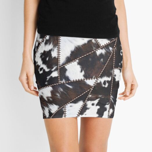 Illustration Pattern of Cowhide Patchwork (not real, faux, smooth print) Mini Skirt