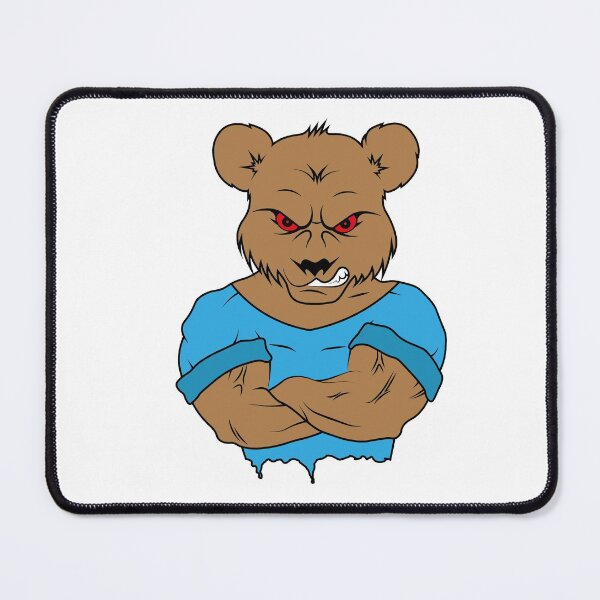 Item preview, Big strong muscular brown bear in a blue t-shirt with red eyes with crossed arms on his chest designed and sold by Tsvet04ek.