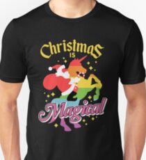 Christmas Is Magical Santa Claus Riding Unicorn Design Unisex T-Shirt