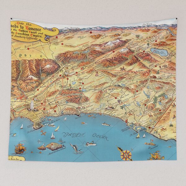 Aperçu de l'œuvre Carte vintage 1950 de Ride the Golden Coast. Los Angeles, San Diego. créée et vendue par Gin Neko.