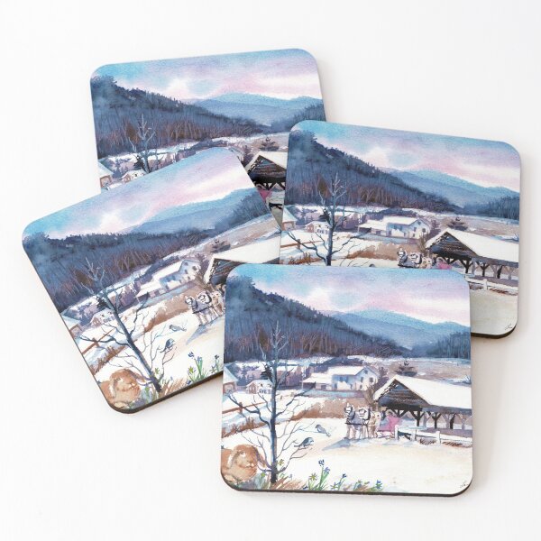 Artikelvorschau, Snowy Countryside Aquarell von Laura Rispoli Sonnenuntergang Malerei Kunst Land kleine Dorfstadt entworfen und verkauft von Laura-Rispoli.