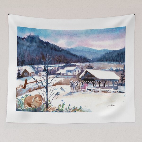 Item preview, Snowy Countryside watercolor by Laura Rispoli sunset painting art country small village town designed and sold by Laura-Rispoli.
